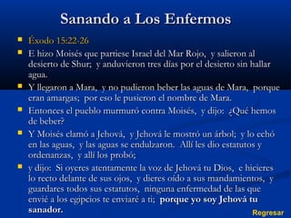 Sanando a Los Enfermos









Éxodo 15:22-26
E hizo Moisés que partiese Israel del Mar Rojo, y salieron al
desierto de Shur; y anduvieron tres días por el desierto sin hallar
agua.
Y llegaron a Mara, y no pudieron beber las aguas de Mara, porque
eran amargas; por eso le pusieron el nombre de Mara.
Entonces el pueblo murmuró contra Moisés, y dijo: ¿Qué hemos
de beber?
Y Moisés clamó a Jehová, y Jehová le mostró un árbol; y lo echó
en las aguas, y las aguas se endulzaron. Allí les dio estatutos y
ordenanzas, y allí los probó;
y dijo: Si oyeres atentamente la voz de Jehová tu Dios, e hicieres
lo recto delante de sus ojos, y dieres oído a sus mandamientos, y
guardares todos sus estatutos, ninguna enfermedad de las que
envié a los egipcios te enviaré a ti; porque yo soy Jehová tu
sanador.
Regresar

 