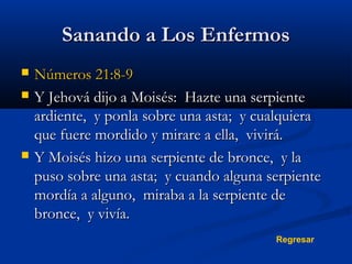 Sanando a Los Enfermos





Números 21:8-9
Y Jehová dijo a Moisés: Hazte una serpiente
ardiente, y ponla sobre una asta; y cualquiera
que fuere mordido y mirare a ella, vivirá.
Y Moisés hizo una serpiente de bronce, y la
puso sobre una asta; y cuando alguna serpiente
mordía a alguno, miraba a la serpiente de
bronce, y vivía.
Regresar

 