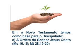 Em o Novo Testamento temos
como base para o Discipulado:
a) A Ordem do Senhor Jesus Cristo
(Mc 16.15; Mt 28.19-20)

 