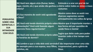 PERGUNTAS 
SOBRE VIDA 
ESPIRITUAL E 
SUA 
INTIMIDADE 
COM DEUS 
36) Você tem algum vício (fumar, beber, 
jogar, mentir, etc.) que ainda não ganhou a 
vitória? 
Estimule-o a orar em prol de ter 
vitória sobre todos os vícios e maus 
costumes 
37) Sua maneira de vestir está agradando 
a Deus? 
Mostre como deve se vestir nos 
diversos segmentos sociais 
principalmente nos cultos da Igreja 
38) Você está tendo domínio próprio sobre 
alimentação? Você está fazendo algum 
exercício físico regularmente? 
Mostre que é importante manter a 
boa forma até por questões de 
saúde física e mental 
39) Você está tendo domínio próprio sobre 
os horários de dormir? 
Sugira que deite cedo para poder 
levantar cedo e tirar tempo com 
Deus 
40) Lembre-o que a vida dele está servindo 
de exemplo para a sua esposa, seus filhos, 
vizinhos, etc 
É tão importante viver uma vida 
irrepreensível, para a glória de 
Deus. 
