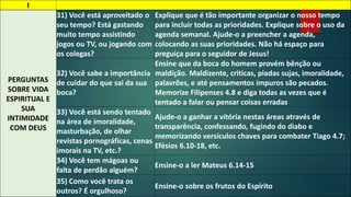 I 
PERGUNTAS 
SOBRE VIDA 
ESPIRITUAL E 
SUA 
INTIMIDADE 
COM DEUS 
31) Você está aproveitado o 
seu tempo? Está gastando 
muito tempo assistindo 
jogos ou TV, ou jogando com 
os colegas? 
Explique que é tão importante organizar o nosso tempo 
para incluir todas as prioridades. Explique sobre o uso da 
agenda semanal. Ajude-o a preencher a agenda, 
colocando as suas prioridades. Não há espaço para 
preguiça para o seguidor de Jesus! 
32) Você sabe a importância 
de cuidar do que sai da sua 
boca? 
Ensine que da boca do homem provém bênção ou 
maldição. Maldizente, criticas, piadas sujas, imoralidade, 
palavrões, e até pensamentos impuros são pecados. 
Memorize Filipenses 4.8 e diga todas as vezes que é 
tentado a falar ou pensar coisas erradas 
33) Você está sendo tentado 
na área de imoralidade, 
masturbação, de olhar 
revistas pornográficas, cenas 
imorais na TV, etc.? 
Ajude-o a ganhar a vitória nestas áreas através de 
transparência, confessando, fugindo do diabo e 
memorizando versículos chaves para combater Tiago 4.7; 
Efésios 6.10-18, etc. 
34) Você tem mágoas ou 
falta de perdão alguém? 
Ensine-o a ler Mateus 6.14-15 
35) Como você trata os 
outros? É orgulhoso? 
Ensine-o sobre os frutos do Espírito 
 