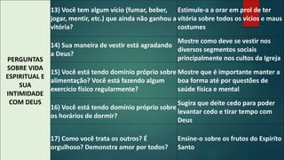 PERGUNTAS 
SOBRE VIDA 
ESPIRITUAL E 
SUA 
INTIMIDADE 
COM DEUS 
13) Você tem algum vício (fumar, beber, 
jogar, mentir, etc.) que ainda não ganhou a 
vitória? 
Estimule-a a orar em prol de ter 
vitória sobre todos os vícios e maus 
costumes 
14) Sua maneira de vestir está agradando 
a Deus? 
Mostre como deve se vestir nos 
diversos segmentos sociais 
principalmente nos cultos da Igreja 
15) Você está tendo domínio próprio sobre 
alimentação? Você está fazendo algum 
exercício físico regularmente? 
Mostre que é importante manter a 
boa forma até por questões de 
saúde física e mental 
16) Você está tendo domínio próprio sobre 
os horários de dormir? 
Sugira que deite cedo para poder 
levantar cedo e tirar tempo com 
Deus 
17) Como você trata os outros? É 
orgulhoso? Demonstra amor por todos? 
Ensine-o sobre os frutos do Espírito 
Santo 
 