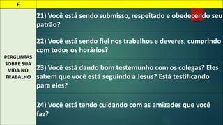 F 
PERGUNTAS 
SOBRE SUA 
VIDA NO 
TRABALHO 
21) Você está sendo submisso, respeitado e obedecendo seu 
patrão? 
22) Você está sendo fiel nos trabalhos e deveres, cumprindo 
com todos os horários? 
23) Você está dando bom testemunho com os colegas? Eles 
sabem que você está seguindo a Jesus? Está testificando 
para eles? 
24) Você está tendo cuidando com as amizades que você 
faz? 
 