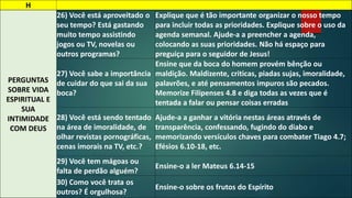 H 
PERGUNTAS 
SOBRE VIDA 
ESPIRITUAL E 
SUA 
INTIMIDADE 
COM DEUS 
26) Você está aproveitado o 
seu tempo? Está gastando 
muito tempo assistindo 
jogos ou TV, novelas ou 
outros programas? 
Explique que é tão importante organizar o nosso tempo 
para incluir todas as prioridades. Explique sobre o uso da 
agenda semanal. Ajude-a a preencher a agenda, 
colocando as suas prioridades. Não há espaço para 
preguiça para o seguidor de Jesus! 
27) Você sabe a importância 
de cuidar do que sai da sua 
boca? 
Ensine que da boca do homem provém bênção ou 
maldição. Maldizente, criticas, piadas sujas, imoralidade, 
palavrões, e até pensamentos impuros são pecados. 
Memorize Filipenses 4.8 e diga todas as vezes que é 
tentada a falar ou pensar coisas erradas 
28) Você está sendo tentado 
na área de imoralidade, de 
olhar revistas pornográficas, 
cenas imorais na TV, etc.? 
Ajude-a a ganhar a vitória nestas áreas através de 
transparência, confessando, fugindo do diabo e 
memorizando versículos chaves para combater Tiago 4.7; 
Efésios 6.10-18, etc. 
29) Você tem mágoas ou 
falta de perdão alguém? 
Ensine-o a ler Mateus 6.14-15 
30) Como você trata os 
outros? É orgulhosa? 
Ensine-o sobre os frutos do Espírito 
 
