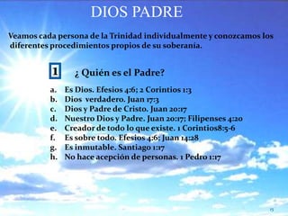 DIOS PADREVeamos cada persona de la Trinidad individualmente y conozcamos los diferentes procedimientos propios de su soberanía.1¿ Quién es el Padre?Es Dios. Efesios 4:6; 2 Corintios 1:3Dios  verdadero. Juan 17:3Dios y Padre de Cristo. Juan 20:17Nuestro Dios y Padre. Juan 20:17; Filipenses 4:20Creador de todo lo que existe. 1 Corintios8:5-6Es sobre todo. Efesios 4:6; Juan 14:28Es inmutable. Santiago 1:17No hace acepción de personas. 1 Pedro 1:1715
