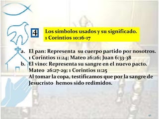 MINISTRACION DE LA CENA DEL SEÑORLa cena del Señor fue instituida por Jesucristo cuando cenó con sus discípulos por última vez antes de su muerte ( Mateo 26:26-29; Lucas 22:15-20).La cena conmemora la obra redentora de Cristo y cadavez que participamos de ella, simbolizamos la continuación de tan magna obra. El pan y el vino son tomados  en memoria de Jesús.40