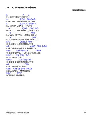 10.    O FRUTO DO ESPÍRITO
                                        Daniel Souza

E               A    E
EU QUERO SER CHEIO
A            E/G# F#m7 A/B
CHEIO DO ESPÍRITO SAN - TO
E            E/G# A B C#m7
EM MINHA VIDA O FRUTO
  A            E/G# F#m7 A/B
O FRUTO DO ESPÍRITO SAN - TO
    E                   F#/E
EU QUERO VIVER NO ESPÍRITO
    A                     A/B
EU QUERO ANDAR NO ESPÍRITO
E7M          C#7(b9) F#m7
CHEIO DO ESPÍRITO SANTO
A/B                    Am6/E E7M B/D#
CHEIO DE AMOR E ALEGRI - A
C#m7     C#m7/B E/F#         F#/A#
CHEIO DE PAZ,    LONGANIMIDADE
F#m7    A/B E7M B/A
BENIGNIDA - DE
G#m7         C#7(b9) F#m7
CHEIO DO ESPÍRITO SANTO
A/B               E7M
CHEIO DE BONDADE
C#m7 C#m7/B E/F# F#/A#
FIDELIDADE, MANSIDÃO
F#m7     A/B E
DOMÍNIO PRÓPRIO




Discípulos 3 – Daniel Souza                       10
 