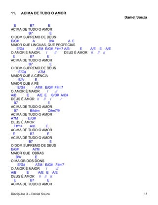 11.    ACIMA DE TUDO O AMOR
                                                              Daniel Souza

  E         B7           E
ACIMA DE TUDO O AMOR
           B7             E
O DOM SUPREMO DE DEUS
E/G#          A           B/A           A E
MAIOR QUE LINGUAS, QUE PROFECIAS
    E/G#         A7M E/G# F#m7 A/B            E   A/E E A/E
O AMOR É MAIOR.       /       //      DEUS É AMOR // // //
 E          B7         E
ACIMA DE TUDO O AMOR
           B7             E
O DOM SUPREMO DE DEUS
     E/G#         A7M
MAIOR QUE A CIÊNCIA
     B/A        E
MAIOR QUE A FÉ
    E/G#        A7M E/G# F#m7
O AMOR É MAIOR          /      //
A/B       E      A/E E B/D# A/C#
DEUS É AMOR // // /                 /
  B7                     E
ACIMA DE TUDO O AMOR
  B7        B#dim        C#m7/9
ACIMA DE TUDO O AMOR
A7M        E/G#
DEUS É AMOR
  F#m7      A/B       E
ACIMA DE TUDO O AMOR
 E          B7         E
ACIMA DE TUDO O AMOR
           B7             E
O DOM SUPREMO DE DEUS
E/G#          A7M
MAIOR QUE OBRAS
   B/A          E
O MAIOR DOS DONS
    E/G#        A7M E/G# F#m7
O AMOR É MAIOR        /          //
A/B       E       A/E E A/E
DEUS É AMOR // // //
  E         B7         E
ACIMA DE TUDO O AMOR

Discípulos 3 – Daniel Souza                                             11
 