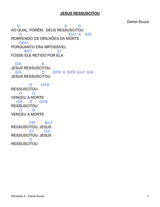 JESUS RESSUSCITOU

                                                  Daniel Souza
   D                     A     D
AO QUAL, PORÉM, DEUS RESSUSCITOU
    G                      Em7 A A/G
ROMPENDO OS GRILHÕES DA MORTE
    F#m7
PORQUANTO ERA IMPOSSÍVEL
      Bm7            E7
FOSSE ELE RETIDO POR ELA

  D/A        A
JESUS RESSUSCITOU
  G/A        D    D/F# G D/F# Em7 G/A
JESUS RESSUSCITOU

        D    D/F#
RESSUSCITOU
   G      D
VENCEU A MORTE
  G/A   D   D/F#
RESSUSCITOU
   G      D
VENCEU A MORTE

        F#7    Bm7
RESSUSCITOU, JESUS
        E7     G/A
RESSUSCITOU, JESUS
        D
RESSUSCITOU




Discípúlos 4 – Daniel Souza                                  7
 