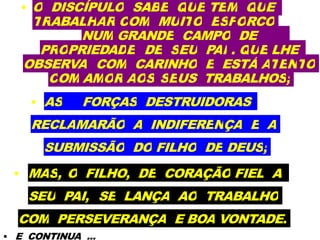 • O DISCÍPULO SABE QUE TEM QUE
TRABALHAR COM MUITO ESFORÇO
NUM GRANDE CAMPO DE
PROPRIEDADE DE SEU PAI , QUE LHE
OBSERVA COM CARINHO E ESTÁ ATENTO
COM AMOR AOS SEUS TRABALHOS;
• AS FORÇAS DESTRUIDORAS
RECLAMARÃO A INDIFERENÇA E A
SUBMISSÃO DO FILHO DE DEUS;
• MAS, O FILHO, DE CORAÇÃO FIEL A
SEU PAI, SE LANÇA AO TRABALHO
COM PERSEVERANÇA E BOA VONTADE.
• E CONTINUA ...
 
