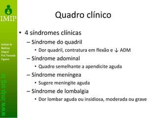 Quadro clínico
• 4 síndromes clínicas
– Síndrome do quadril
• Dor quadril, contratura em flexão e ↓ ADM
– Síndrome adominal
• Quadro semelhante a apendicite aguda
– Síndrome meníngea
• Sugere meningite aguda
– Síndrome de lombalgia
• Dor lombar aguda ou insidiosa, moderada ou grave
 