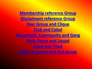 Membership reference Group
Disclaimant reference Group
Peer Group and Clique
Club and Cabal
Household, Community and Gang
Mob, Posse and Squad
Dyad and Triad
Team, In-group and Out-group
 