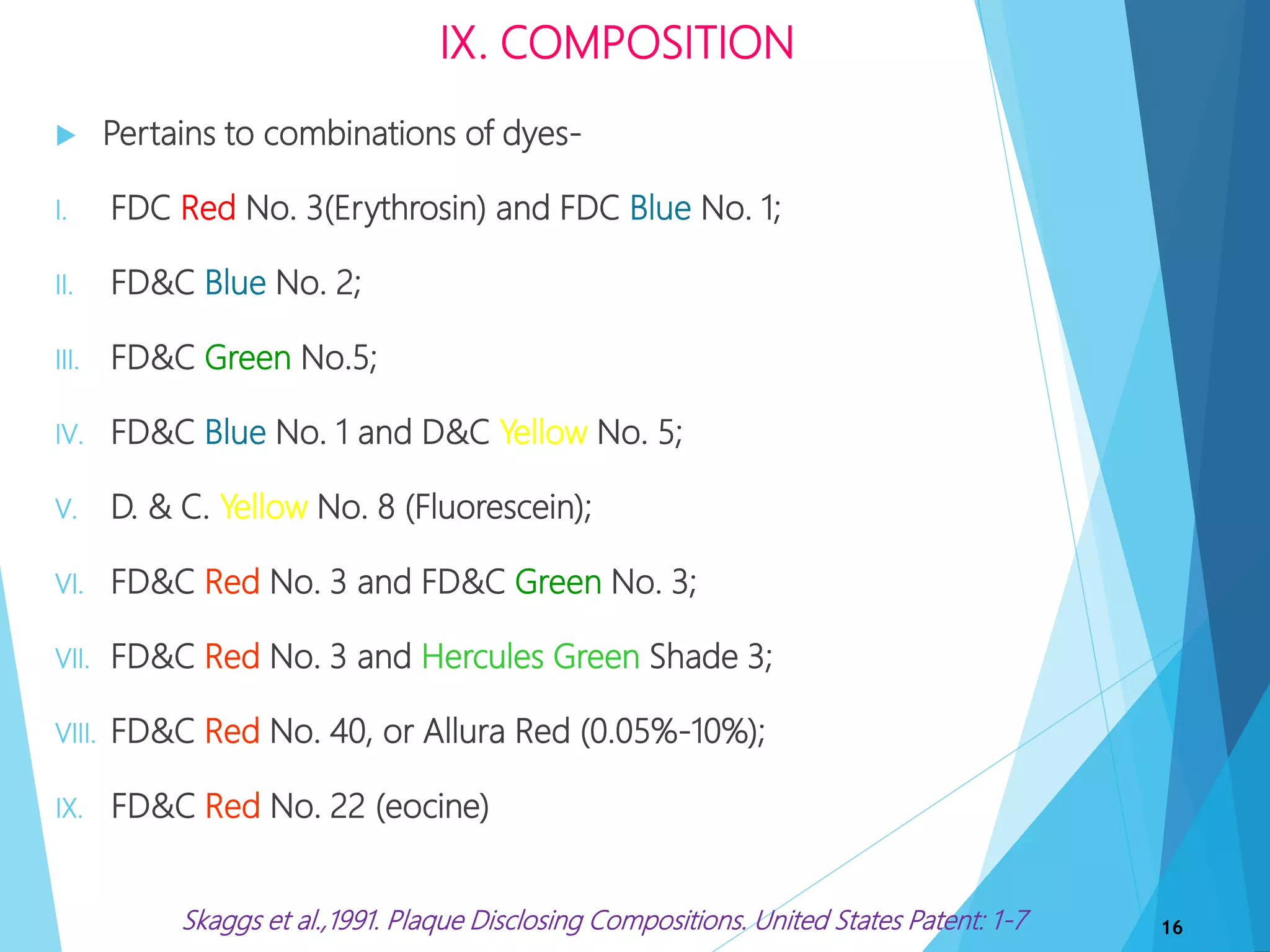 IX. COMPOSITION
 Pertains to combinations of dyes-
I. FDC Red No. 3(Erythrosin) and FDC Blue No. 1;
II. FD&C Blue No. 2;
III. FD&C Green No.5;
IV. FD&C Blue No. 1 and D&C Yellow No. 5;
V. D. & C. Yellow No. 8 (Fluorescein);
VI. FD&C Red No. 3 and FD&C Green No. 3;
VII. FD&C Red No. 3 and Hercules Green Shade 3;
VIII. FD&C Red No. 40, or Allura Red (0.05%-10%);
IX. FD&C Red No. 22 (eocine)
16Skaggs et al.,1991. Plaque Disclosing Compositions. United States Patent: 1-7
 