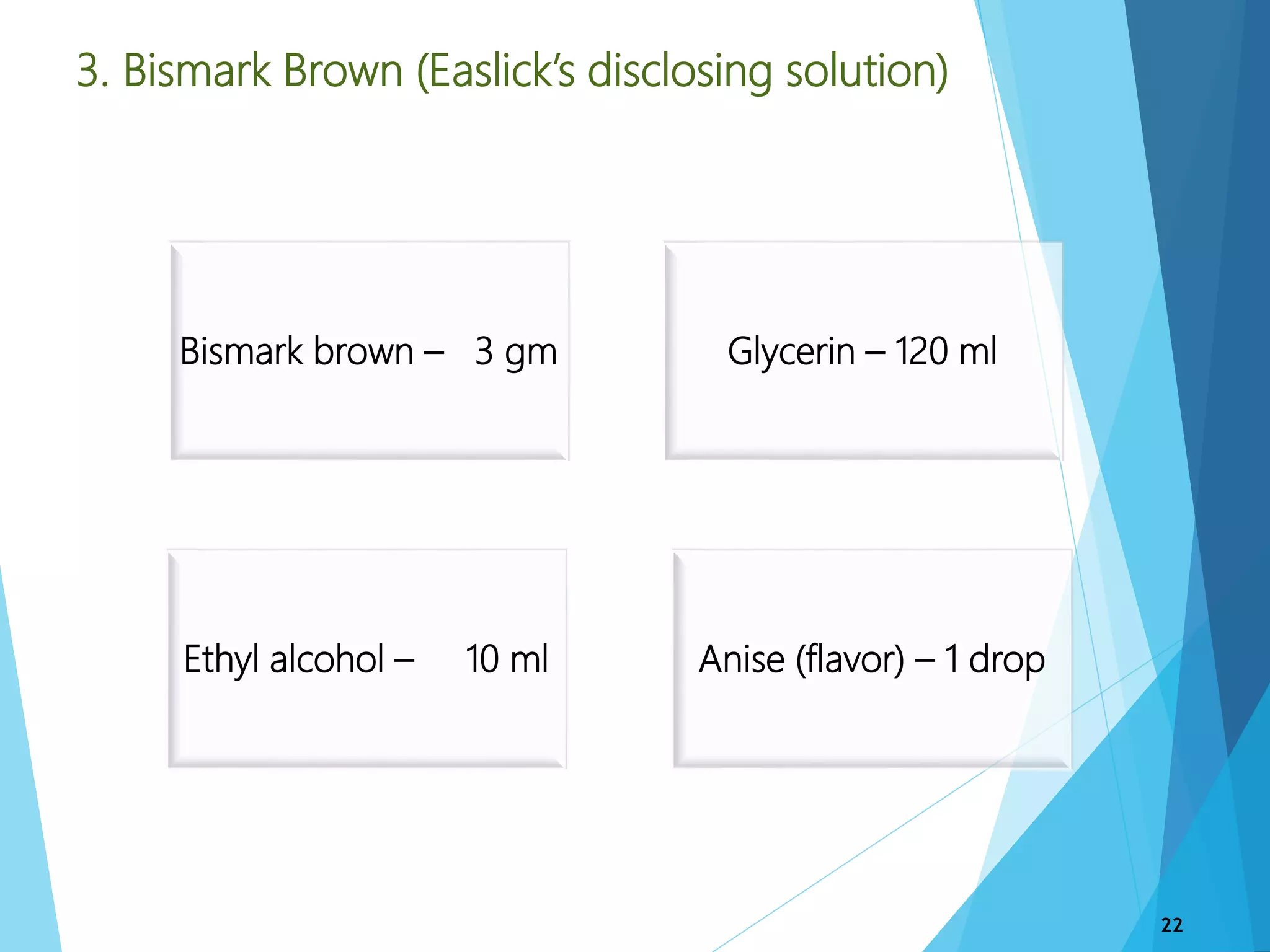 3. Bismark Brown (Easlick’s disclosing solution)
Bismark brown – 3 gm Glycerin – 120 ml
Ethyl alcohol – 10 ml Anise (flavor) – 1 drop
22
 
