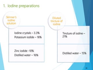 1. Iodine preparations
Iodine crystals – 3.3%
Potassium iodide – 16%
Zinc iodide -10%
Distilled water – 16%
Skinner’s
iodine
solution
Tincture of iodine –
21%
Distilled water – 15%
Diluted
tincture of
iodine
19
 