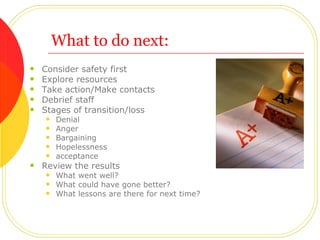 What to do next: Consider safety first Explore resources Take action/Make contacts Debrief staff Stages of transition/loss Denial Anger Bargaining Hopelessness acceptance Review the results  What went well? What could have gone better? What lessons are there for next time? 