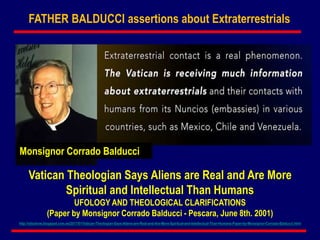FATHER BALDUCCI assertions about Extraterrestrials
Vatican Theologian Says Aliens are Real and Are More
Spiritual and Intellectual Than Humans
UFOLOGY AND THEOLOGICAL CLARIFICATIONS
(Paper by Monsignor Corrado Balducci - Pescara, June 8th. 2001)
http://sitsshow.blogspot.com.es/2017/01/Vatican-Theologian-Says-Aliens-are-Real-and-Are-More-Spiritual-and-Intellectual-Than-Humans-Paper-by-Monsignor-Corrado-Balducci.html
Monsignor Corrado Balducci
 