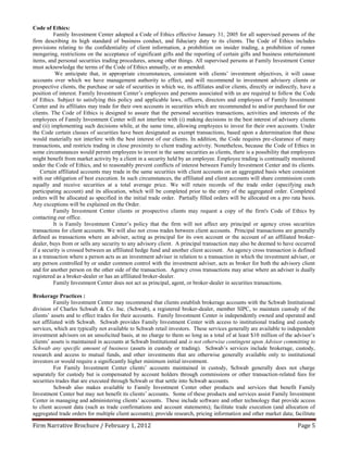 Code of Ethics:
          Family Investment Center adopted a Code of Ethics effective January 31, 2005 for all supervised persons of the
firm describing its high standard of business conduct, and fiduciary duty to its clients. The Code of Ethics includes
provisions relating to the confidentiality of client information, a prohibition on insider trading, a prohibition of rumor
mongering, restrictions on the acceptance of significant gifts and the reporting of certain gifts and business entertainment
items, and personal securities trading procedures, among other things. All supervised persons at Family Investment Center
must acknowledge the terms of the Code of Ethics annually, or as amended.
           We anticipate that, in appropriate circumstances, consistent with clients’ investment objectives, it will cause
accounts over which we have management authority to effect, and will recommend to investment advisory clients or
prospective clients, the purchase or sale of securities in which we, its affiliates and/or clients, directly or indirectly, have a
position of interest. Family Investment Center’s employees and persons associated with us are required to follow the Code
of Ethics. Subject to satisfying this policy and applicable laws, officers, directors and employees of Family Investment
Center and its affiliates may trade for their own accounts in securities which are recommended to and/or purchased for our
clients. The Code of Ethics is designed to assure that the personal securities transactions, activities and interests of the
employees of Family Investment Center will not interfere with (i) making decisions in the best interest of advisory clients
and (ii) implementing such decisions while, at the same time, allowing employees to invest for their own accounts. Under
the Code certain classes of securities have been designated as exempt transactions, based upon a determination that these
would materially not interfere with the best interest of our clients. In addition, the Code requires pre-clearance of many
transactions, and restricts trading in close proximity to client trading activity. Nonetheless, because the Code of Ethics in
some circumstances would permit employees to invest in the same securities as clients, there is a possibility that employees
might benefit from market activity by a client in a security held by an employee. Employee trading is continually monitored
under the Code of Ethics, and to reasonably prevent conflicts of interest between Family Investment Center and its clients.
    Certain affiliated accounts may trade in the same securities with client accounts on an aggregated basis when consistent
with our obligation of best execution. In such circumstances, the affiliated and client accounts will share commission costs
equally and receive securities at a total average price. We will retain records of the trade order (specifying each
participating account) and its allocation, which will be completed prior to the entry of the aggregated order. Completed
orders will be allocated as specified in the initial trade order. Partially filled orders will be allocated on a pro rata basis.
Any exceptions will be explained on the Order.
          Family Investment Center clients or prospective clients may request a copy of the firm's Code of Ethics by
contacting our office.
          It is Family Investment Center’s policy that the firm will not affect any principal or agency cross securities
transactions for client accounts. We will also not cross trades between client accounts. Principal transactions are generally
defined as transactions where an adviser, acting as principal for its own account or the account of an affiliated broker-
dealer, buys from or sells any security to any advisory client. A principal transaction may also be deemed to have occurred
if a security is crossed between an affiliated hedge fund and another client account. An agency cross transaction is defined
as a transaction where a person acts as an investment adviser in relation to a transaction in which the investment adviser, or
any person controlled by or under common control with the investment adviser, acts as broker for both the advisory client
and for another person on the other side of the transaction. Agency cross transactions may arise where an adviser is dually
registered as a broker-dealer or has an affiliated broker-dealer.
          Family Investment Center does not act as principal, agent, or broker-dealer in securities transactions.

Brokerage Practices :
          Family Investment Center may recommend that clients establish brokerage accounts with the Schwab Institutional
division of Charles Schwab & Co. Inc. (Schwab), a registered broker-dealer, member SIPC, to maintain custody of the
clients’ assets and to effect trades for their accounts. Family Investment Center is independently owned and operated and
not affiliated with Schwab. Schwab provides Family Investment Center with access to institutional trading and custody
services, which are typically not available to Schwab retail investors. These services generally are available to independent
investment advisors on an unsolicited basis, at no charge to them so long as a total of at least $10 million of the advisor’s
clients’ assets is maintained in accounts at Schwab Institutional and is not otherwise contingent upon Advisor committing to
Schwab any specific amount of business (assets in custody or trading). Schwab’s services include brokerage, custody,
research and access to mutual funds, and other investments that are otherwise generally available only to institutional
investors or would require a significantly higher minimum initial investment.
          For Family Investment Center clients’ accounts maintained in custody, Schwab generally does not charge
separately for custody but is compensated by account holders through commissions or other transaction-related fees for
securities trades that are executed through Schwab or that settle into Schwab accounts.
          Schwab also makes available to Family Investment Center other products and services that benefit Family
Investment Center but may not benefit its clients’ accounts. Some of these products and services assist Family Investment
Center in managing and administering clients’ accounts. These include software and other technology that provide access
to client account data (such as trade confirmations and account statements); facilitate trade execution (and allocation of
aggregated trade orders for multiple client accounts); provide research, pricing information and other market data; facilitate

Firm Narrative Brochure / February 1, 2012                                                                               Page 5
 