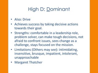 High D: Dominant 
• Also: Drive 
• Achieves success by taking decisive actions 
towards their goal. 
• Strengths: comfortable in a leadership role, 
problem solver, can make tough decisions, not 
afraid to confront issues, sees change as a 
challenge, stays focused on the mission. 
• Limitations (Others may see): intimidating, 
insensitive, brusque, impatient, intolerant, 
unapproachable 
• Margaret Thatcher 
 