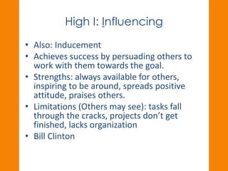 High I: Influencing 
• Also: Inducement 
• Achieves success by persuading others to 
work with them towards the goal. 
• Strengths: always available for others, 
inspiring to be around, spreads positive 
attitude, praises others. 
• Limitations (Others may see): tasks fall 
through the cracks, projects don’t get 
finished, lacks organization 
• Bill Clinton 
 
