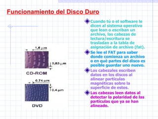 Funcionamiento del Disco Duro Cuando tú o el software le dicen al sistema operativo que lean o escriban un archivo, las cabezas de lectura/escritura se trasladan a la tabla de asignación de archivo (fat). Se lee el FAT para saber donde comienza un archivo o en qué partes del disco es posible guardar uno nuevo. Los cabezales escriben datos en los discos al  alinear partículas magnéticas sobre la superficie de estos. Las cabezas leen datos al detectar la polaridad de las partículas que ya se han alineado. 