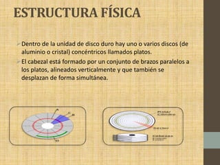 ESTRUCTURA FÍSICA
Dentro de la unidad de disco duro hay uno o varios discos (de
aluminio o cristal) concéntricos llamados platos.
El cabezal está formado por un conjunto de brazos paralelos a
los platos, alineados verticalmente y que también se
desplazan de forma simultánea.
 