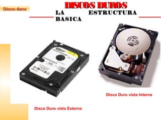 DISCOS DUROSDISCOS DUROS
LA ESTRUCTURA
BASICA
Disco Duro vista Externa
Disco Duro vista Interna
Discos durosDiscos duros
 