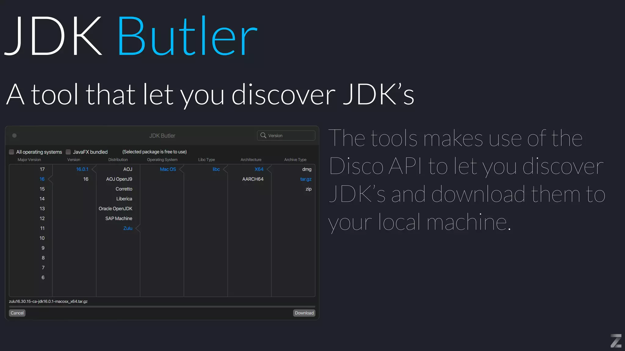 The tools makes use of the
Disco API to let you discover
JDK’s and download them to
your local machine.
A tool that let you discover JDK’s
JDK Butler
 