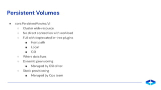 Persistent Volumes
● core.PersistentVolume/v1
○ Cluster wide resource
○ No direct connection with workload
○ Full with dep...