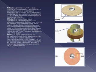    Pistas: La superficie de un disco esta
    dividida en unos elementos llamadas pistas
    concéntricas, donde se almacena
    la información. Las pistas están numeradas
    desde la parte exterior comenzando por el
    0. Las cabezas se mueven entre la pista 0 a
    la pista más interna.
   Cilindro: Es el conjunto de pistas
    concéntricas de cada cara de cada
    plato, los cuales están situadas unas encima
    de las otras. a las diferentes pistas de un
    mismo cilindro. Dado que las cabezas de
    lectura/escritura están alineadas unas con
    otras, la controladora de disco duro puede
    escribir en todas las pistas del cilindro sin
    mover el rotor. Cada pista esta formada por
    uno o más cluster.
   Sector: Las pistas están divididas en
    sectores, el número de sectores es variable.
    Un sector es la unidad básica de
    almacenamiento de datos sobre los discos
    duros. Los discos duros almacenan los datos
    en pedazos gruesos llamados sectores, la
    mayoría de los discos duros usan sectores
    de 512 bytes cada uno.
 