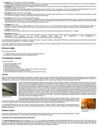 Cabezal del disco duro
Cabezal dedisco duro IBM sobre
el plato del disco
■ 8 pulgadas: 241,3×117,5×362 mm (9,5×4,624×14,25 pulgadas).
En 1979, Shugart Associates sacó el primer factor de forma compatible con los disco duros, SA1000, teniendo las mismas dimensiones y siendo compatible con la interfaz de 8 pulgadas de las
disqueteras. Habíadosversionesdisponibles, ladelamismaalturay ladelamitad (58,7mm).
■ 5,25 pulgadas: 146,1×41,4×203 mm (5,75×1,63×8 pulgadas). Estefactor deformaesel primero usado por losdiscosdurosdeSeagateen 1980 con el mismo tamaño y alturamáximadelosFDD de
5¼ pulgadas, por ejemplo: 82,5 mm máximo.
Éste es dos veces tan alto como el factor de 8 pulgadas, que comúnmente se usa hoy; por ejemplo: 41,4 mm (1,64 pulgadas). La mayoría de losmodelos de unidades ópticas (DVD/CD) de 120 mm
usan el tamaño del factor deformademediaalturade5¼, pero también paradiscosduros. El modelo Quantum Bigfoot esel último queseusó afinalesdelos90'.
■ 3,5 pulgadas: 101,6×25,4×146 mm (4×1×5.75 pulgadas).
Estefactor deformaesel primero usado por los discosduros deRodinequetienen el mismo tamaño quelasdisqueterasde3½, 41,4 mm dealtura. Hoy hasido en gran parteremplazado por lalínea
"slim" de25,4mm (1 pulgada), o "low-profile" queesusado en lamayoríadelosdiscosduros.
■ 2,5 pulgadas: 69,85×9,5-15×100 mm (2,75×0,374-0,59×3,945 pulgadas).
Este factor de forma se introdujo por PrairieTek en 1988 y no se corresponde con el tamaño de las lectoras de disquete. Este es frecuentemente usado por los discos duros de los equipos móviles
(portátiles, reproductores de música, etc...) y en 2008 fue reemplazado por unidades de 3,5 pulgadas de la clase multiplataforma. Hoy en día la dominante de este factor de forma son las unidades
paraportátilesde9,5 mm, pero lasunidadesdemayor capacidad tienen unaalturade12,5 mm.
■ 1,8 pulgadas: 54×8×71 mm.
Este factor de forma se introdujo por Integral Peripherals en 1993 y se involucró con ATA-7 LIF con las dimensiones indicadas y su uso se incrementa en reproductores de audio digital y su
subnotebook. Lavarianteoriginal poseede2GB a5GB y cabeen unaranuradeexpansión detarjetadeordenador personal. Son usadosnormalmenteen iPodsy discosdurosbasadosen MP3.
■ 1 pulgadas: 42,8×5×36,4 mm.
Estefactor deformaseintrodujo en 1999 por IBM y Microdrive, apto paralos slotstipo 2 decompact flash, Samsung llamaal mismo factor como 1,3 pulgadas.
■ 0,85 pulgadas: 24×5×32 mm.
Toshiba anunció este factor de forma el 8 de enero de 2004 para usarse en móviles y aplicaciones similares, incluyendo SD/MMC slot compatible con disco duro optimizado para vídeo y
almacenamiento para micromóviles de 4G. Toshiba actualmente vende versiones de 4GB (MK4001MTD) y 8GB (MK8003MTD) 5
(http://www3.toshiba.co.jp/storage/english/spec/hdd/mk4001.htm) y tienen el Record Guinnessdel disco duro máspequeño.
Los principales fabricantessuspendieron la investigación de nuevos productos para 1 pulgada (1,3 pulgadas) y 0,85 pulgadas en 2007, debido a lacaída de preciosde las memoriasflash, aunqueSamsung
introdujo en el 2008 con el SpidPoint A1 otraunidad de1,3 pulgadas.
El nombre de "pulgada" para los factores de forma normalmente no identifica ningún producto actual (son especificadas en milímetros para los factores de forma más recientes), pero estos indican el
tamaño relativo del disco, parainterésdelacontinuidad histórica.
Estructura lógica
Dentro del disco seencuentran:
■ El Master Boot Record (en el sector dearranque), quecontienelatabladeparticiones.
■ Lasparticiones, necesariasparapoder colocar lossistemasdearchivos.
Funcionamientomecánico
Un disco duro sueletener:
■ Platosen dondesegraban losdatos.
■ Cabezal delectura/escritura.
■ Motor quehacegirar losplatos.
■ Electroimán quemueveel cabezal.
■ Circuito electrónico decontrol, queincluye: interfaz con lacomputadora, memoriacaché.
■ Bolsitadesecante(gel desílice) paraevitar lahumedad.
■ Caja, quehadeproteger delasuciedad, motivo por el cual sueletraer algún filtro deaire.
Integridad
Debido aladistanciaextremadamentepequeñaentre loscabezalesy lasuperficiedel disco, cualquier contaminación de loscabezalesdelectura/escriturao lasfuentespuededar lugar aun accidenteen los
cabezales, un fallo del disco en el queel cabezal raya la superficie dela fuente, amenudo moliendo la fina película magnética y causando lapérdidade datos. Estos accidentespueden ser causados por un
fallo electrónico, un repentino corteen el suministro eléctrico, golpes físicos, el desgaste, lacorrosión o debido aqueloscabezaleso lasfuentessean depobrefabricación.
El eje del sistema del disco duro depende de la presión del aire dentro del recinto para sostener los cabezales y su correcta altura mientras el disco gira. Un disco duro
requiereun cierto rango depresionesdeaireparafuncionar correctamente. Laconexión al entorno exterior y lapresión seproduceatravés deun pequeño agujero en el
recinto (cerca de 0,5 mm de diámetro) normalmente con un filtro en su interior (filtro de respiración, ver abajo). Si la presión del aire es demasiado baja, entonces no
hay suficienteimpulso para el cabezal, queseacercademasiado al disco, y seda el riesgo defallosy pérdidasdedatos. Son necesariosdiscosfabricadosespecialmente
para operaciones de gran altitud, sobre 3.000 m. Hay que tener en cuenta que los aviones modernos tienen una cabina presurizada cuya presión interior equivale
normalmente a una altitud de 2.600 m como máximo. Por lo tanto los discos duros ordinarios se pueden usar de manera segura en los vuelos. Los discos modernos
incluyen sensores de temperatura y se ajustan a las condiciones del entorno. Los agujeros de ventilación se pueden ver en todos los discos (normalmente tienen una
pegatina a su lado que advierte al usuario de no cubrir el agujero. El aire dentro del disco operativo está en constante movimiento siendo barrido por la fricción del
plato. Este aire pasa a través de un filtro de recirculación interna para quitar cualquier contaminante que se hubiera quedado de su fabricación, alguna partícula o
componente químico que de alguna forma hubiera entrado en el recinto, y cualquier partícula generada en una operación normal. Una humedad muy alta durante un
periodo largo puedecorroer loscabezalesy losplatos.
Paralos cabezalesresistentes al magnetismo grandes(GMR) en particular, un incidenteminoritario debido ala contaminación (que
no sedisipala superficie magnéticadel disco) llegaadar lugar aun sobrecalentamiento temporal en el cabezal, debido a lafricción
con lasuperficiedel disco, y puedehacer quelos datos no sepuedan leer duranteun periodo corto detiempo hastaquelatemperaturadel cabezal seestabilice(también
conocido como “asperezatérmica”, un problemaqueen partepuedeser tratado con el filtro electrónico apropiado delaseñal delectura).
Los componentes electrónicos del disco duro controlan el movimiento del accionador y la rotación del disco, y realiza lecturas y escrituras necesitadas por el
controlador de disco. El firmware de los discos modernos es capaz de programar lecturas y escrituras de forma eficiente en la superficie de los discos y de reasignar
sectoresquehayan fallado.
Presentey futuro
Actualmentelanuevageneración dediscosdurosutilizalatecnologíade grabación perpendicular (PMR), lacual permitemayor densidad dealmacenamiento. También
existen discosllamados"Ecológicos" (GP- Green Power), loscualeshacen un uso máseficientedelaenergía.
Comparativa deUnidadesdeestadosólidoy discosduros
Una unidad de estado sólido o SSD (acrónimo en inglés de solid-state drive) es un dispositivo de almacenamiento de datos que puede estar construido con memoriano volátil o con memoria volátil. Las
no volatilesson unidadesde estado sólido quecomo dispositivos electrónicos, están construidosen laactualidad con chipsde memoriaflash. No son discos, pero juegan el mismo papel aefectosprácticos
aportando más ventajas que inconvenientes tecnológicos. Por ello se está empezando a vislumbrar en el mercado la posibilidad de que en el futuro ese tipo de unidades de estado sólido terminen
sustituyendo al disco duro paraimplementar el manejo dememoriasno volatilesen el campo delaingenieríainformática.
 