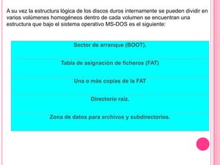 A su vez la estructura lógica de los discos duros internamente se pueden dividir en
varios volúmenes homogéneos dentro de cada volumen se encuentran una
estructura que bajo el sistema operativo MS-DOS es el siguiente:
Sector de arranque (BOOT).
Tabla de asignación de ficheros (FAT)
Una o más copias de la FAT
Directorio raíz.
Zona de datos para archivos y subdirectorios.
 