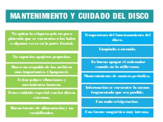 MA NTENIMIENTO Y CUIDA DO DEL DISCO
DURO
No quitar la etiqueta gris un poco
plateada que se encuentra a los lados
o algunas veces en la parte frontal.

Temperatura del funcionamiento del
disco.
Limpiarlo a menudo.

No tapar los agujeros pequeños.
Hacer un respaldo de los archivos
mas importantes. (Apagones).
Evitar golpes vibraciones y
movimientos bruscos.
Tener cuidado especial con los discos
externos.
Buena fuente de alimentación y un
estabilizador.

 Es bueno apagar el ordenador
cuando no lo utilicemos.
Mantenimiento de manera periódica.
Información se encuentre lo menos
fragmentada que sea posible.
Una mala refrigeración. 
Una fuente magnética muy intensa. 

 