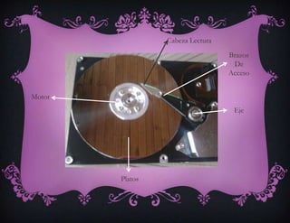 Estructura FísicaDentro de un disco duro hay uno o varios platos (entre 2 y 4 normalmente, aunque hay hasta de 6 ó 7 platos), que son discos (de aluminio o cristal) concéntricos y que giran todos a la vez. El cabezal (dispositivo de lectura y escritura) es un conjunto de brazos alineados verticalmente que se mueven hacia dentro o fuera según convenga, todos a la vez. En la punta de dichos brazos están las cabezas de lectura/escritura, que gracias al movimiento del cabezal pueden leer tanto zonas interiores como exteriores del disco.