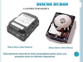 LA ESTRUCTURA BASICA




    Disco Duro vista Externa             Disco Duro vista Interna

Este elemento esencial en toda computadora actúa como una
          autopista entre los distintos dispositivos
 