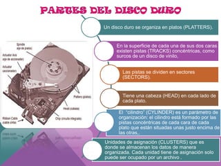 Un disco duro se organiza en platos (PLATTERS).

En la superficie de cada una de sus dos caras
existen pistas (TRACKS) concéntricas, como
surcos de un disco de vinilo,
Las pistas se dividen en sectores
(SECTORS).

Tiene una cabeza (HEAD) en cada lado de
cada plato.
El “cilindro” (CYLINDER) es un parámetro de
organización: el cilindro está formado por las
pistas concéntricas de cada cara de cada
plato que están situadas unas justo encima de
las otras,.
Unidades de asignación (CLUSTERS) que es
donde se almacenan los datos de manera
organizada. Cada unidad tiene de asignación solo
puede ser ocupado por un archivo .

 