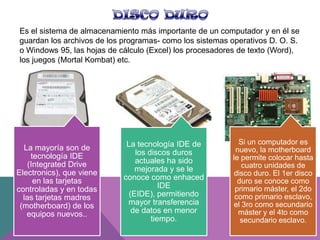 Es el sistema de almacenamiento más importante de un computador y en él se
guardan los archivos de los programas- como los sistemas operativos D. O. S.
o Windows 95, las hojas de cálculo (Excel) los procesadores de texto (Word),
los juegos (Mortal Kombat) etc.

La mayoría son de
tecnología IDE
(Integrated Drive
Electronics), que viene
en las tarjetas
controladas y en todas
las tarjetas madres
(motherboard) de los
equipos nuevos..

La tecnología IDE de
los discos duros
actuales ha sido
mejorada y se le
conoce como enhaced
IDE
(EIDE), permitiendo
mayor transferencia
de datos en menor
tiempo.

Si un computador es
nuevo, la motherboard
le permite colocar hasta
cuatro unidades de
disco duro. El 1er disco
duro se conoce como
primario máster, el 2do
como primario esclavo,
el 3ro como secundario
máster y el 4to como
secundario esclavo.

 