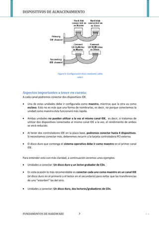 DISPOSITIVOS DE ALMACENAMIENTO




                              Figura 6: Configuración disco mediante cable
                                                  select




Aspectos importantes a tener en cuenta:
A cada canal podremos conectar dos dispositivos IDE.

•   Una de estas unidades debe ir configurada como maestra, mientras que la otra va como
    esclava. Esto no es más que una forma de nombrarlas, es decir, no porque conectemos la
    unidad como maestra ésta funcionará más rápida.

•   Ambas unidades no pueden utilizar a la vez el mismo canal IDE, es decir, si tratamos de
    utilizar dos dispositivos conectados al mismo canal IDE a la vez, el rendimiento de ambos
    se verá reducido.

•   Al tener dos controladores IDE en la placa base, podremos conectar hasta 4 dispositivos.
    Si necesitamos conectar más, deberemos recurrir a la tarjeta controladora PCI externa.

•   El disco duro que contenga el sistema operativo debe ir como maestro en el primer canal
    IDE.


Para entender esto con más claridad, a continuación veremos unos ejemplos:

•   Unidades a conectar: Un disco duro y un lector grabador de CDs.

•   En esta ocasión lo más recomendable es conectar cada uno como maestro en un canal IDE
    (el disco duro en el primario y el lector en el secundario) para evitar que las transferencias
    de uno “estorben” las del otro.

•   Unidades a conectar: Un disco duro, dos lectores/grabadores de CDs.




FUNDAMENTOS DE HARDWARE                           7                                                  - -
 