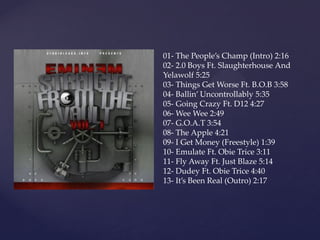 01- The People’s Champ (Intro) 2:16
    02- 2.0 Boys Ft. Slaughterhouse And
    Yelawolf 5:25
    03- Things Get Worse Ft. B.O.B 3:58
    04- Ballin’ Uncontrollably 5:35
    05- Going Crazy Ft. D12 4:27
    06- Wee Wee 2:49

{   07- G.O.A.T 3:54
    08- The Apple 4:21
    09- I Get Money (Freestyle) 1:39
    10- Emulate Ft. Obie Trice 3:11
    11- Fly Away Ft. Just Blaze 5:14
    12- Dudey Ft. Obie Trice 4:40
    13- It’s Been Real (Outro) 2:17
 