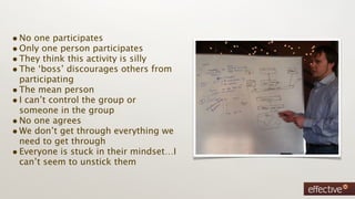• No one participates
• Only one person participates
• They think this activity is silly
• The ‘boss’ discourages others from
  participating
• The mean person
• I can’t control the group or
  someone in the group
• No one agrees
• We don’t get through everything we
  need to get through
• Everyone is stuck in their mindset…I
  can’t seem to unstick them
 
