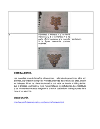 5 Moviendo la moneda 7 y 10 con la
moneda 2 y 3 y la moneda 1 a la
parte inferior posterior a la moneda
9 la figura realmente quedara
invertida.
Verdadero.
OBSERVACIONES.
Las monedas eran de tamaños, dimensiones además de peso todos ellos son
distintos, dependiendo del tipo de moneda; el sonido de cada una de ellas, al caer
se distingue. Al ser de diferentes tamaños y al tratar de invertir el triángulo hiso
que el proceso se atrasara y fuera más difícil para los estudiantes. Los repetitivos
y los recurrentes fracasos alargaron la práctica, costándoles la mayor parte de la
clase a los alumnos.
BIBLIOGRAFÍA.
http://www.disfrutalasmatematicas.com/geometria/triangulos.html
 