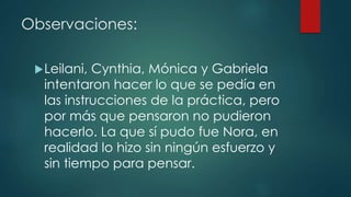 Observaciones:
Leilani, Cynthia, Mónica y Gabriela
intentaron hacer lo que se pedía en
las instrucciones de la práctica, pero
por más que pensaron no pudieron
hacerlo. La que sí pudo fue Nora, en
realidad lo hizo sin ningún esfuerzo y
sin tiempo para pensar.
 