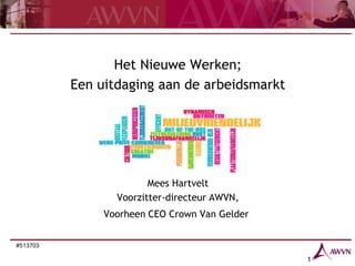 Het Nieuwe Werken;
          Een uitdaging aan de arbeidsmarkt




                        Mees Hartvelt
                 Voorzitter-directeur AWVN,
               Voorheen CEO Crown Van Gelder


#513703

                                               1
 