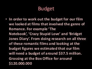 Budget
• In order to work out the budget for our film
we looked at films that involved the genre of
Romance. For example ‘The
Notebook’, ‘Crazy Stupid Love’ and ‘Bridget
Jones Diary’. From doing research on all three
of these romantic films and looking at the
budget figures we estimated that our film
will need a budget of around $37.5 million.
Grossing at the Box Office for around
$120.000.000

 