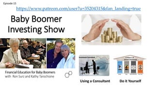 Baby Boomer
Investing Show
Protect Your Savings
Using a Consultant Do it Yourself
60/40 stocks/bonds is too risky for most boomers
Episode 15
https://www.patreon.com/user?u=35204315&fan_landing=true
 