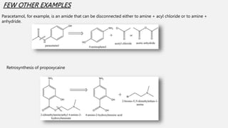 FEW OTHER EXAMPLES
Paracetamol, for example, is an amide that can be disconnected either to amine + acyl chloride or to am...