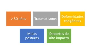 > 50 años Traumatismos
Deformidades
congénitas
Malas
posturas
Deportes de
alto impacto
 