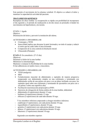 DISCOPATIA LUMBAR EN EL RUGBIER                                            DEPORTIVA


Esto permite el movimiento de la columna vertebral. El objetivo es reducir el dolor y
mantener la capacidad de actividad del paciente.

TRATAMIENTO KINÉSICO
Reemplazo de disco lumbar: La recuperación es rápida con posibilidad de incorporarse
el día siguiente y el periodo de reeducación es de dos meses en promedio evitando los
movimientos de hiperlordosis y de torsión.


ETAPA 1: Aguda
Objetivo:
Disminución del dolor y prevenir la instalación del edema.

ACTIVIDADES A DESARROLLAR
 • Crioterapia y TENS
 • Inmovilidad implica que descanse la parte lesionada y no todo el cuerpo y reducir
    el estrés que ha caído sobre el área lesionada
 • Compresión de la zona controla la hinchazón inicial.
 • Ultrasonido (Pulsante)

ETAPA 2: En consultorio (5º-15 día)
Objetivos:
Disminuir el dolor de la zona lumbar
Minimizar la sintomatología.
Mantener o restaurar la flexibilidad de la zona lumbar.
Evitar adherencias en tejidos óseos y musculares.

ACTIVIDADES A DESARROLLAR
 • TENS (analgesia)
 • MST
 • Fortalecimiento muscular de abdominales y espinales de manera progresiva
    (empezando con abdominales simples en una colchoneta y terminando con
    abdominales arriba de una pelota con peso o en un plano inclinado con peso, los
    espinales igual sobre una colchoneta y terminando de ejecutarlos con peso con o
    sin pelota o sobre una superficie alta).
 • Facilitación neuromuscular propioceptiva (FNP)
 • Ejercicios de elongación de forma estática de la zona lumbar, abdominal:
 - abdominales (4 repeticiones) durante 12 segs.
 - lumbares (4 repeticiones) durante 12 segs.
 - oblicuos (2 repeticiones) de cada lado durante 10 segs.

      Y los miembros inferiores empezando a elongar miembros inferiores:
  -   cuádriceps (3 repeticiones), con cada pierna durante 10 segs.
  -   isquiotibiales (3 repeticiones), durante 10 segs.
  -   gemelos (3 repeticiones) con cada pierna durante 10 segs.
  -   glúteos: (3 repeticiones) con cada pierna durante 10 segs.
  -   aductores: (3 repeticiones) durante 10 segs.

      Siguiendo con miembro superior:


Discopatía Lumbar en el Rugbier                                              Página 17
 
