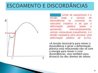 26
A tensão necessária para mover a
discordância e gerar a deformação
plástica está relacionada não só com
a energia para mover e criar
discordâncias, mas também para
dissociá-las dos átomos de soluto.
 