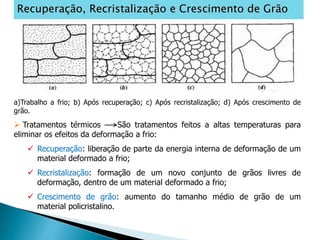 Recuperação, Recristalização e Crescimento de Grão
a)Trabalho a frio; b) Após recuperação; c) Após recristalização; d) Após crescimento de
grão.
 Tratamentos térmicos São tratamentos feitos a altas temperaturas para
eliminar os efeitos da deformação a frio:
 Recuperação: liberação de parte da energia interna de deformação de um
material deformado a frio;
 Recristalização: formação de um novo conjunto de grãos livres de
deformação, dentro de um material deformado a frio;
 Crescimento de grão: aumento do tamanho médio de grão de um
material policristalino.
 
